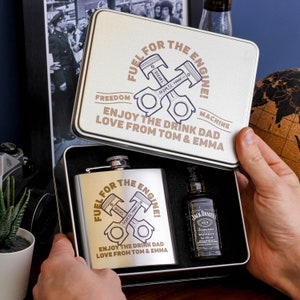 Personalised Piston Whiskey Tin Gift For Dad Motorbike, Personalised Hip Flask, Vintage Silver Flask, Engraved Hip Flask, Fathers Day Gift