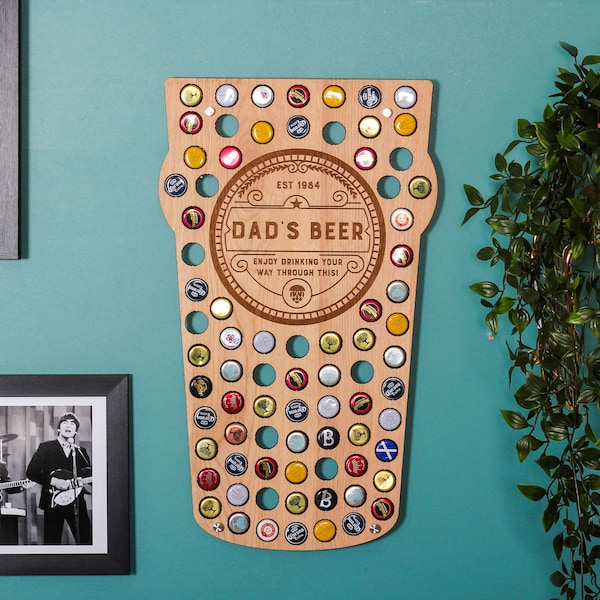 Personalised Pint Glass Bottle Wall Art For The Home, Beer Cap Collector, Dad Beer Cap Collection, Bottle Top Displays, Fathers Day Gifts