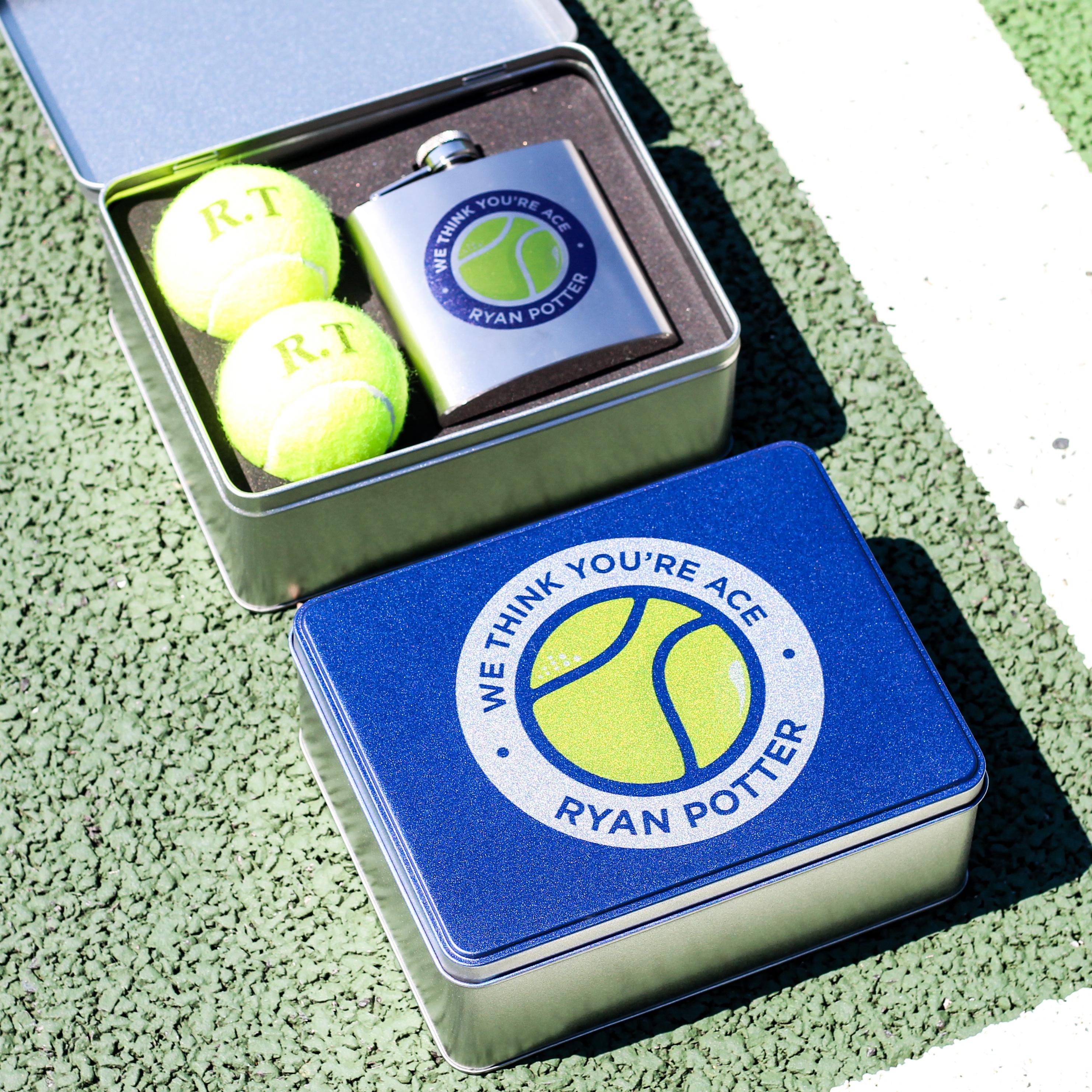 Personalised Tennis Ball Tin With Hip Flask Gift For Him, Stainless Steel Hip Flask, Teacher Retirement Gift, 50th Birthday Gift For Men,