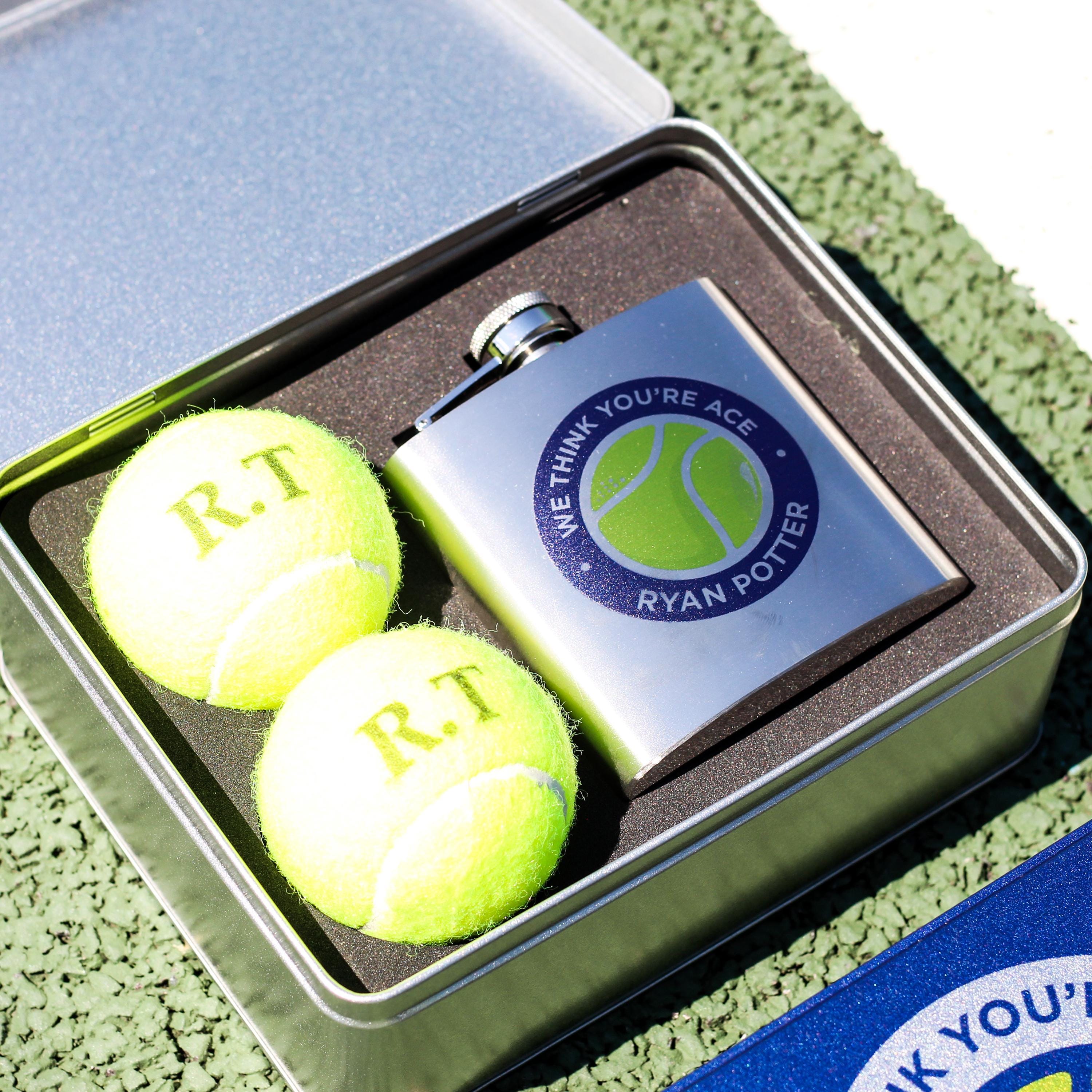 Personalised Tennis Ball Tin With Hip Flask Gift For Him, Stainless Steel Hip Flask, Teacher Retirement Gift, 50th Birthday Gift For Men,