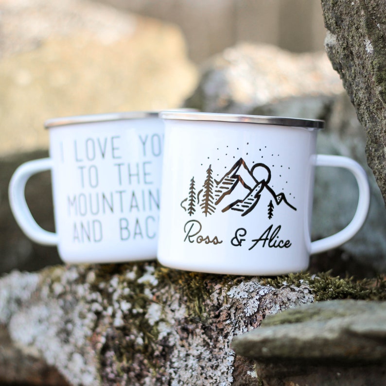 Personalised Love You To The Mountains Enamel Mug, Travel Enamel Mug, Custom Enamel Mug, Personalised Camping Mug, Enamel Mug Personalised image 2