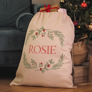 Personalised Christmas Wreath Santa Sack Stocking Gift, Personalised Santa Sack, Santa Sacks Drawstring Christmas Bags, Christmas Santa Sack