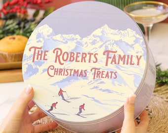 Personalised Skiing Cake Tin - Customised Christmas Cake Storage Tin - Christmas Biscuits Tins Storage Keeps Their Treats Fresh For Longer