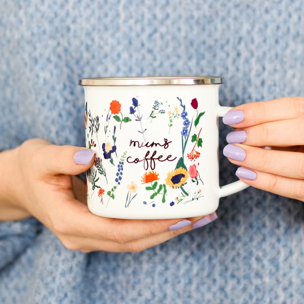 Personalised Botanical Floral Enamel Mug For Mum, Personalised Floral Mug, Mug Mum, Floral Rose Mug, Enamel Mug, Mothers Day Gifts