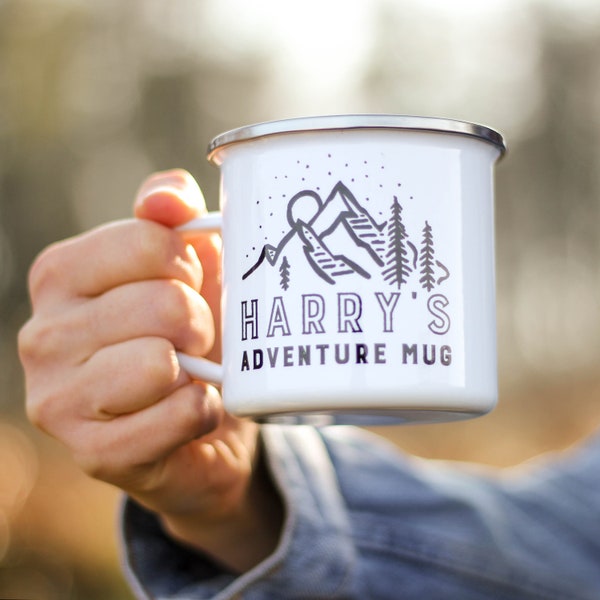 Personalised Adventure Enamel Mug, Personalised Enamel Mug, Enamel Camping Mug, Travel Enamel Mug, Travel Camping Coffee Mug, Valentine Gift