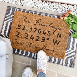 Personalisierte Co Ordinates Fußmatte, personalisierte Fußmatte, große kundenspezifische Fußmatte, Kokos Fußmatte, personalisierte Fußmatte im Freien, neues Zuhause Geschenk