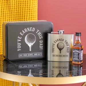 Conjunto de estaño de golfista de whisky de matraz de cadera personalizado, matraz de cadera personalizado, matraz de cadera de golfista, juego de regalos de whisky, regalos de golf para hombres, matraz de whisky