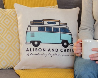 Personalised Campervan Cushion, Personalised Couples Cushion, Camper Van Cushion, Personalised Family Cushion, 1st Wedding Anniversary Gift