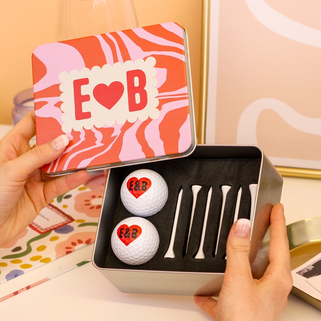 Personalised Couples Love Heart Golf Tin Gift Set, Gift for Golfer
