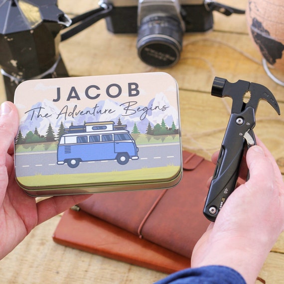 Personalised Campervan Hammer Multi Tool and Tin Box Travel Gift Birthday  Present for Men or Dad Tool Box Screwdriver Set Survival Equipment 