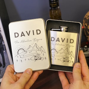 Personalised Mountain Campervan Hip Flask Tin Gift Set - Premium Hip Flasks For Men - This Whiskey Flask Makes A Terrific Adventure Gift