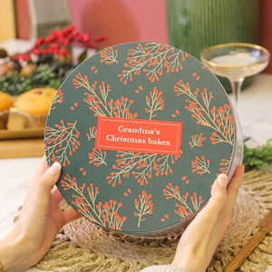 Personalised Christmas Floral Tin Gift For The Home - Custom Cake Storage Tin Is Great For Their Christmas Cake & Also Serves as Biscuit Tin