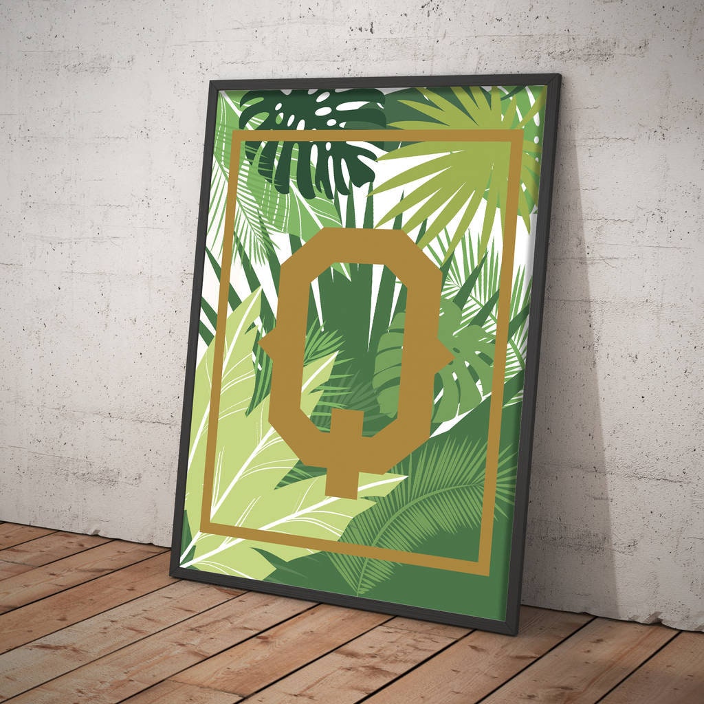 Personalised Palm Leaf Floral Typographic Print, Aesthetic Wall Pictures, Large Framed Art Work, Emerald Green Wall Art, Framed Abstract Art