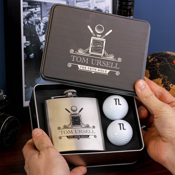 Personalised Golf Balls And Tin 19th Hole Hip Flask, Golf Ball Gift Set, Personalised Hip Flask, Golf Gifts For Men, Personalized Golf Gifts