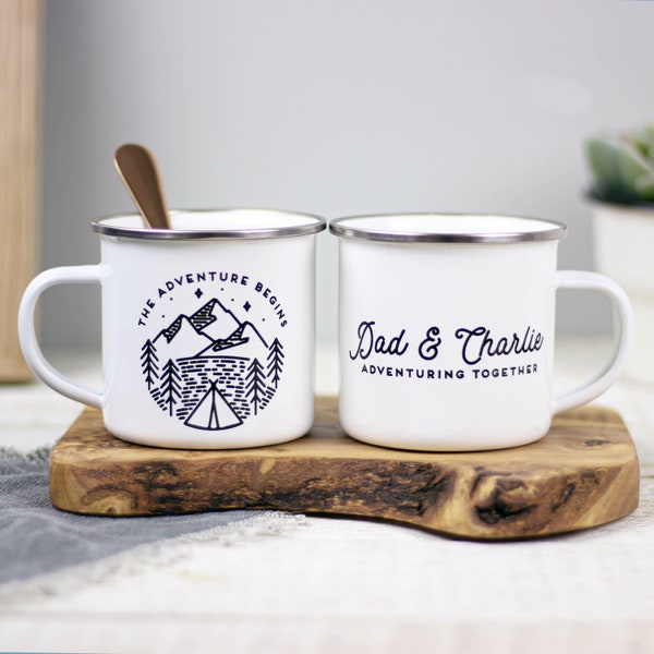 Personalisierte Adventure Together Emaille-Tasse, einzigartige Outdoor-Reise-Emaille-Tasse, perfektes Geschenk für Papa, Mama Geschenk, Entdeckerfreude