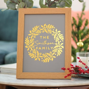 Personalised Family Christmas Wreath Foil Print, Gold Foil Art Print, Christmas Foil Print, Christmas Gold Foil Print, Gold Foil Print Art