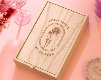 Personalised Birth Flower Mirror Jewellery Box, Wooden Keepsake Box, Birthday Gifts For Her, Custom Storage Box