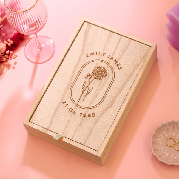 Boîte à bijoux miroir fleur de naissance personnalisée, boîte souvenir en bois, cadeaux d'anniversaire pour elle, boîte de rangement personnalisée
