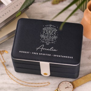 Personalised Large Star Sign Jewellery Box Travel Gift, Leather Jewellery Box, Personalised Jewellery Box, Personalised Travel Jewellery Box