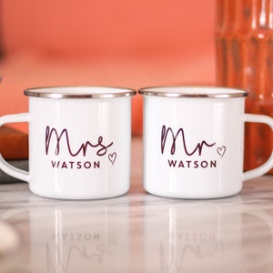 Personalised Mr And Mrs Heart Enamel Mug, Enamel Mug Personalised, Mr And Mrs Mugs, Couple Enamel Mug, Enamel Coffee Mug, Travel Enamel Mug