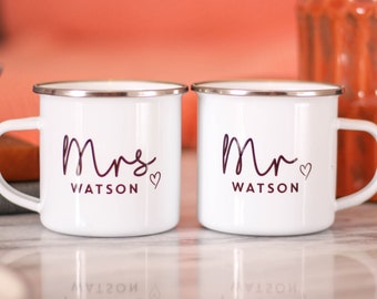 Personalised Mr And Mrs Heart Enamel Mug, Enamel Mug Personalised, Mr And Mrs Mugs, Couple Enamel Mug, Enamel Coffee Mug, Travel Enamel Mug