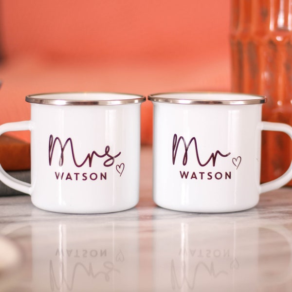 Personalisierter Mr And Mrs Heart Emaillebecher, Emaillebecher personalisiert, Mr And Mrs Mugs, Paar Emaillebecher, Emaillekaffeetasse, Reise Emaillebecher