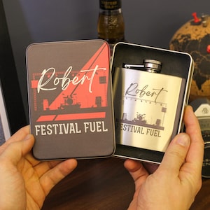 Personalised Festival Hip Flask Tin Gift Set | Personalised Hip Flasks For Men Specially Designed To Take On Their Holiday Festivals