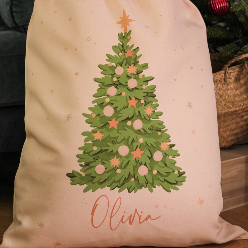 Personalised Christmas Tree Santa Sack Stocking Gift, Santa Sacks Drawstring Christmas Bags, Christmas Sacks For Presents, Custom Santa Sack image 3
