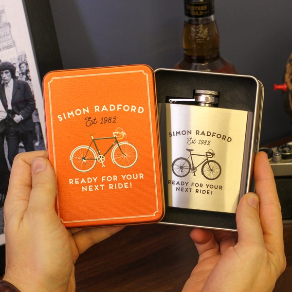 Personalised Retro Bike Hip Flask with Matching Tin- Customised Stainless Steel Hip Flask For Men- Whiskey Flask With Retro Bike Logo