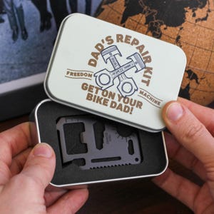 Juego de lata de regalo de herramienta de tarjeta de crédito de pistón de bicicleta personalizado para él, multiherramienta grabada, regalos personalizados para papá de hija