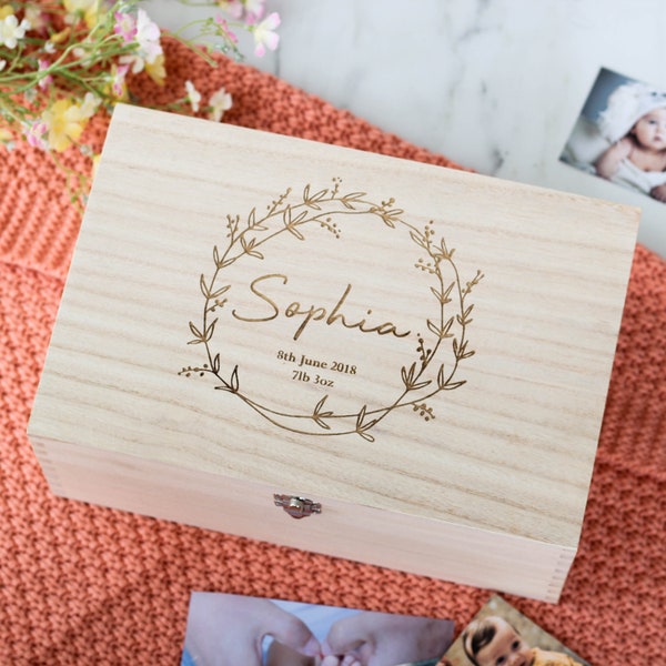 Personalised Baby Wreath Keepsake Memory Box, Baby Keepsake Box, Baby Keepsake Memory Box, Personalised Keepsake Box, Wooden Baby Box