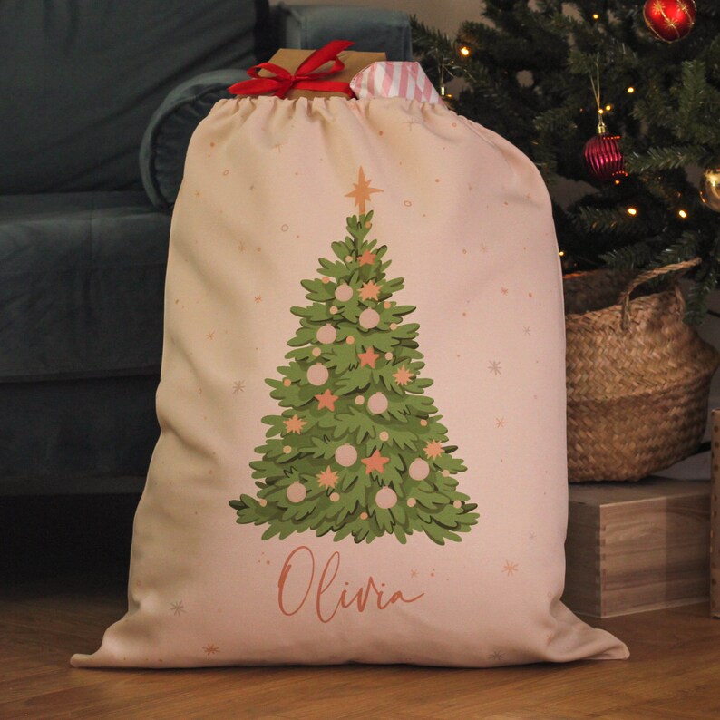 Personalised Christmas Tree Santa Sack Stocking Gift, Santa Sacks Drawstring Christmas Bags, Christmas Sacks For Presents, Custom Santa Sack image 1