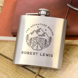 Personalised Mountain Adventure Camping Hip Flask Gift, Hip Flask for Men, Secret Alcohol Flask, Stainless Steel Hip Flask, Custom Hip Flask