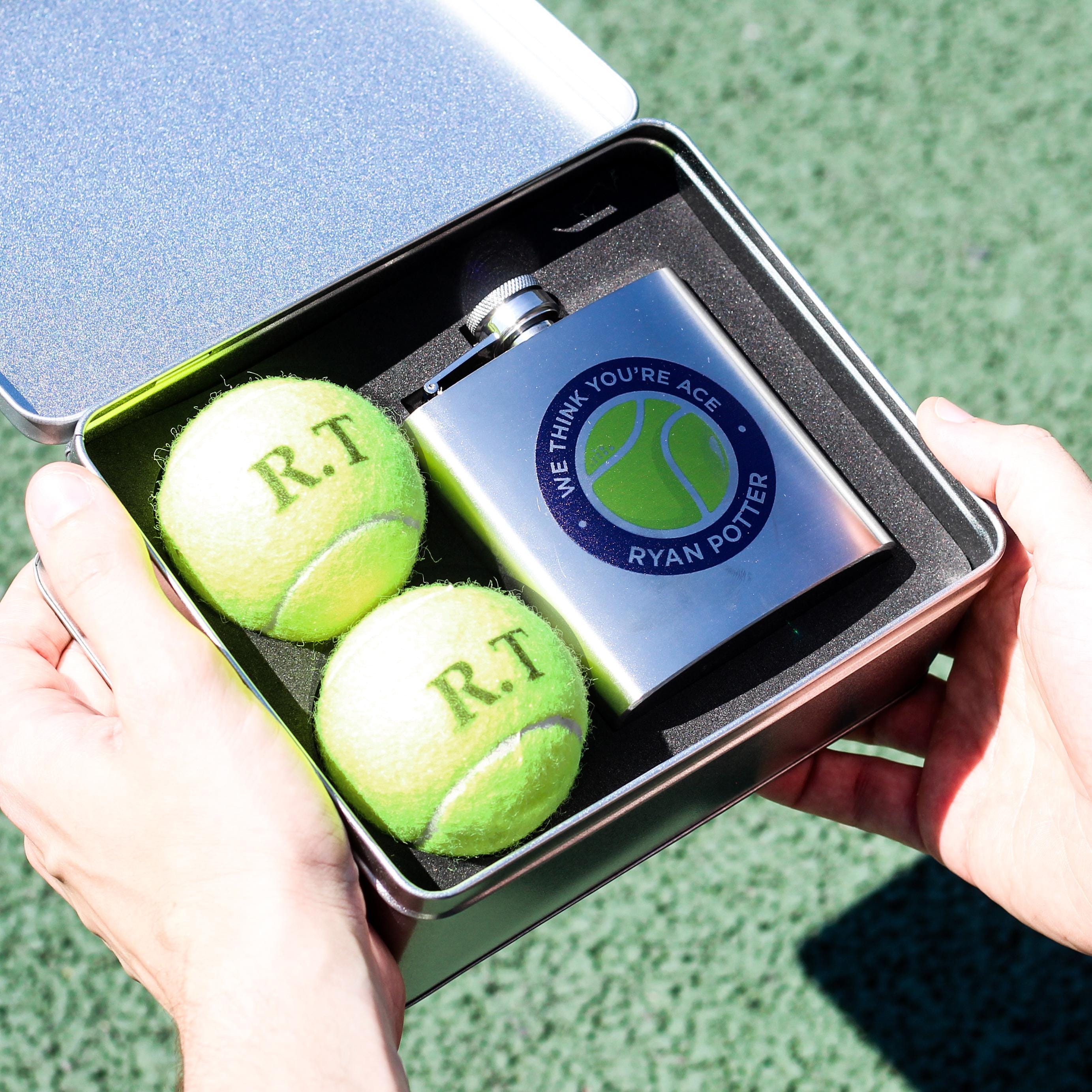 Personalised Tennis Ball Tin With Hip Flask Gift For Him, Stainless Steel Hip Flask, Teacher Retirement Gift, 50th Birthday Gift For Men,