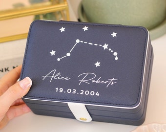 Personalised Star Sign Jewellery Box, Personalised Travel Jewellery Box, Large Jewellery Box, Leather Jewelry Box, Personalised Jewelery Box