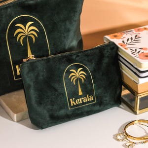 Bolsa de viagem personalizada para guardar maquiagem em veludo com palmeira, bolsa de cosméticos personalizada, presente para melhor amiga, bolsa de higiene, presente para ela