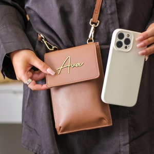 Personalised Phone Handbag Carry Travel Gift For Her, Crossbody Phone Bag, Mobile Phone Bag, Mothers Day Gift, Leather Phone Bag, Mum Gifts