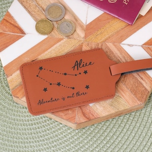 Gepersonaliseerde reisbagagelabel met sterrenbeeld, monogram bagagelabel, aangepast bagagelabel leer, reisaccessoires voor dames, bagagelabels
