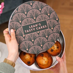 Personalised Art Deco Baking Cake Tin Gift, Personalised Cake Tin, Cake Storage Tin, Mothers Day Gift, Round Cake Tin, Baking Gift For Her