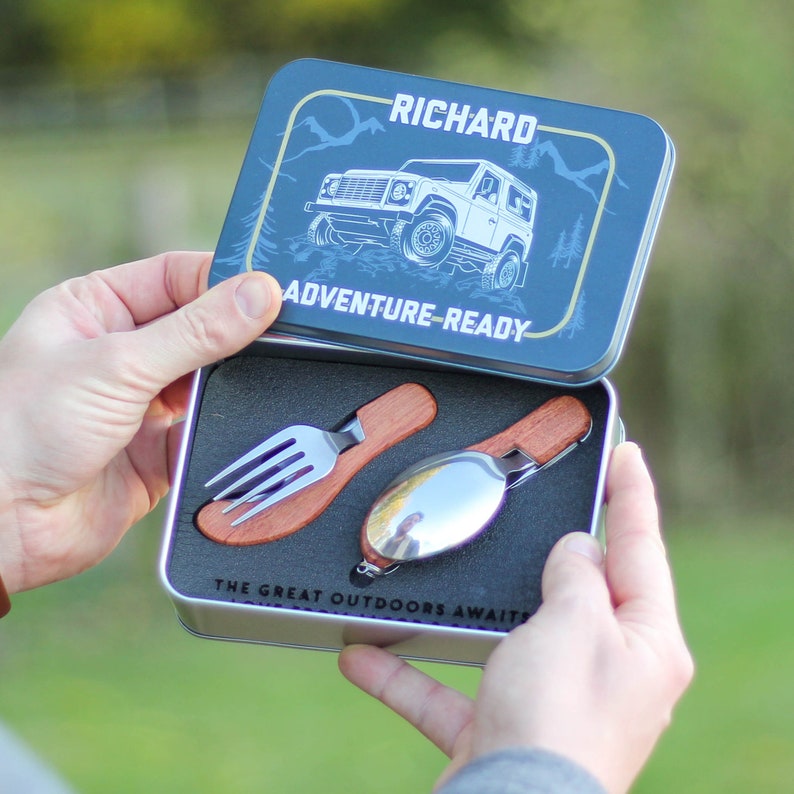 Set of Handmade Personalized folding compact Cutlery Set with a truck image and space for a personalized name and message is the best gift for campers