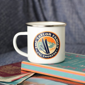 Personalised Family Ski Holiday Enamel Mug, Personalised Enamel Mug, Skiing Coffee Mug, Enamel Coffee Mug, Travel Enamel Mug, Adventure Mug