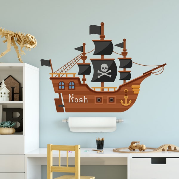 Autocollant personnalisé de mur de bateau de pirate, art de décor de pièce, autocollant de bateau de pirate, autocollants muraux pour enfants, autocollant de mur de pirate, autocollant de mur de chambre à coucher