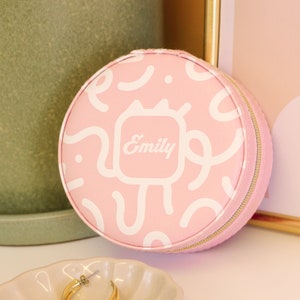 Personalised Jewellery Box With White Abstract Design | Customised Name Round Travel Jewellery Organiser or Jewellery Box For Girls