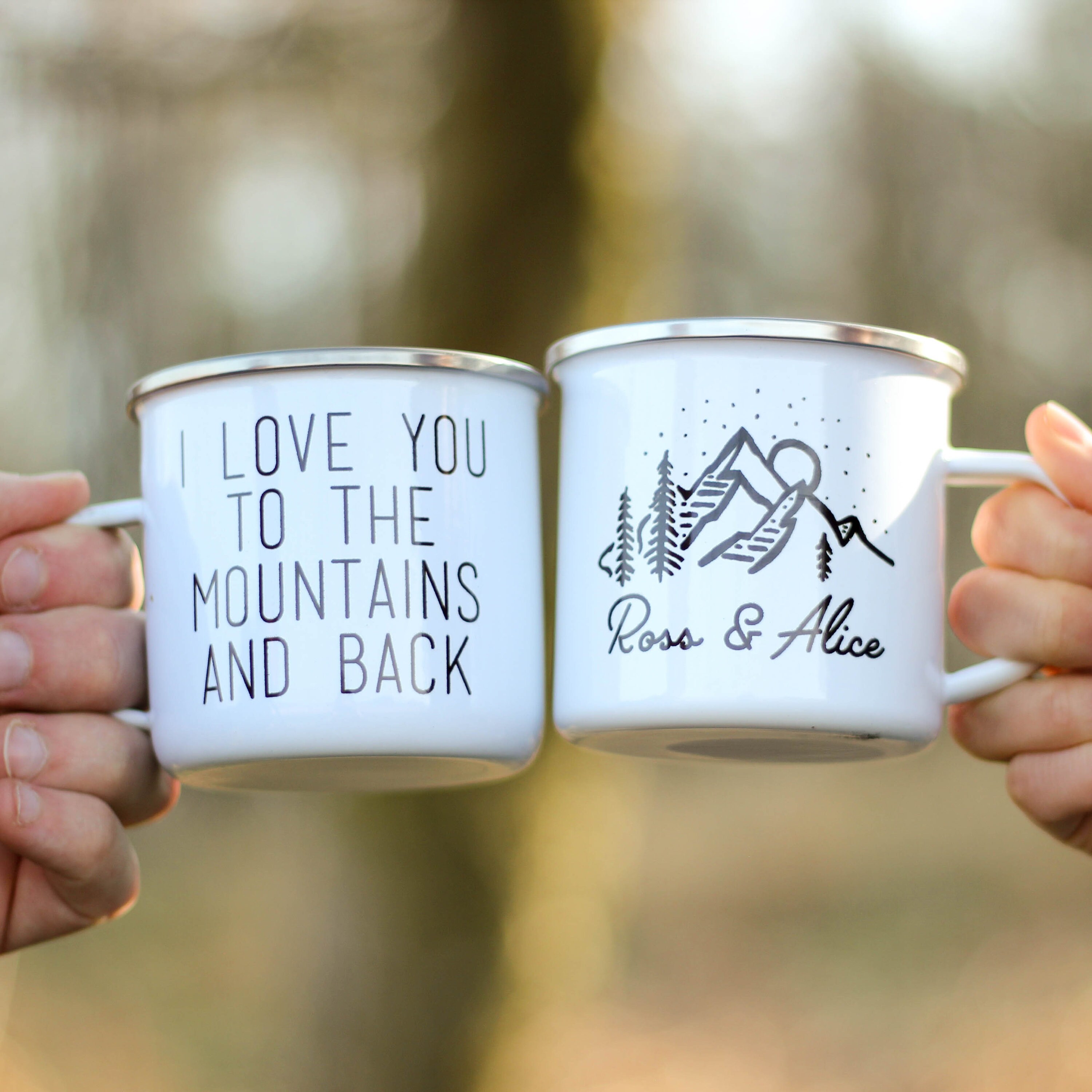 Personalised Love You To The Mountains Enamel Mug, Travel Enamel Mug, Custom Enamel Mug, Personalised Camping Mug, Enamel Mug Personalised