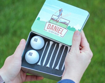 Personalised Golfer Tin Gift Set For Him Or Dad - With Tees and Personalised Golf Balls - Golf Gift Kit for Men or Women - Golf Accessories