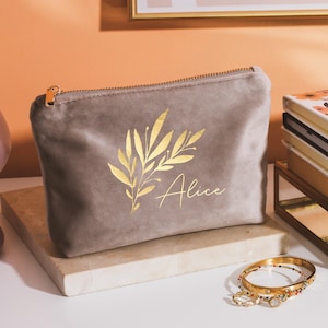 Bolsa de veludo com folhas personalizadas para ela, bolsa de higiene com monograma, bolsa de cosméticos personalizada, bolsa de mão para madrinhas, bolsa de maquiagem personalizada