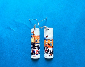 Little People LS Lowry inspired Northern Art Long Waterproof Tin Earrings (metal not paper!) Sterling Silver Ear Wires. Original Artwork.