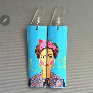 Handmade Frida Kahlo Turquoise Earrings 925 Ear Wires.  Boho quirky gift. Quality Waterproof Lightweight Tin NOT varnished paper or wood