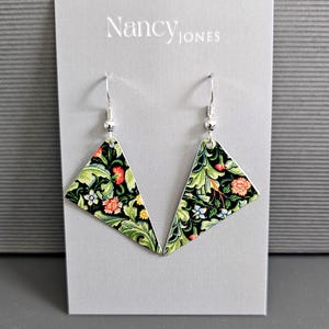 Handmade William Morris  green floral Triangular Earrings 925  Wires. Quality Waterproof Lightweight Tin NOT varnished paper or wood