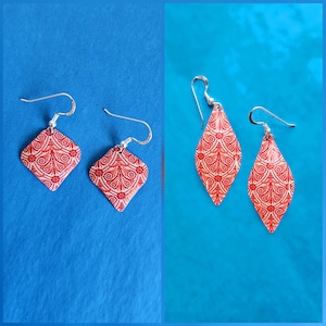 Handmade Long Art Deco William Morris Earrings 925 Sterling silver Wires. Waterproof Quality Lightweight Tin NOT varnished paper or wood